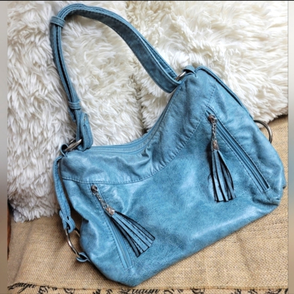 Greyish blue faux leather shoulder bag with silver tone hardware
